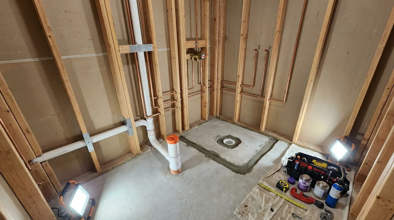 Bathroom rough-in plumbing during remodel by Johns Plumbing LLC in Ottumwa