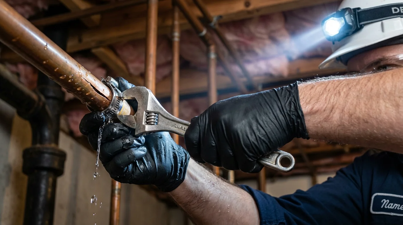 Emergency pipe clamp repair being performed by a Johns Plumbing LLC plumber in Ottumwa