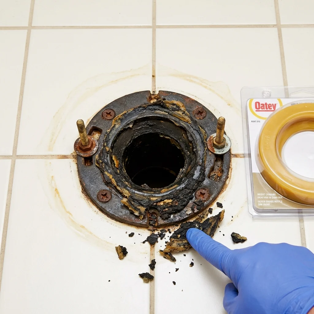 Failed wax ring showing water seepage at the base of a toilet in a Ottumwa, IA home