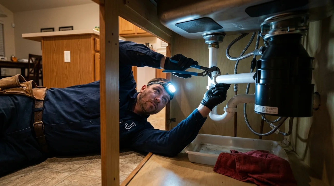 P-trap and supply line connections under a kitchen sink showing a common leak point in Ottumwa, IA